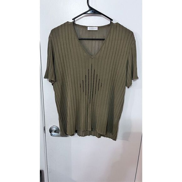 Gaby Tricot Women's Ribbed Short Sleeve V-Neck Tube Sequin Green T-Shirt Size L - Picture 2 of 10